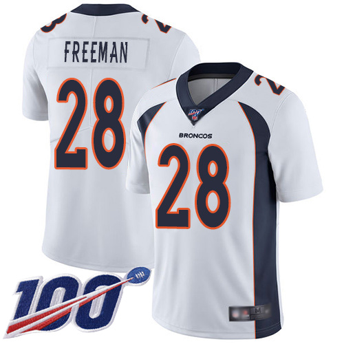 Men Denver Broncos #28 Royce Freeman White Vapor Untouchable Limited Player 100th Season Football NFL Jersey